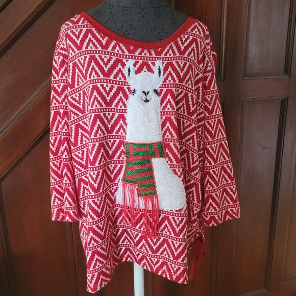 Thomas & Olivia Red & White Llama Christmas Sweater Festive Sequin Scarf Design - Picture 1 of 7